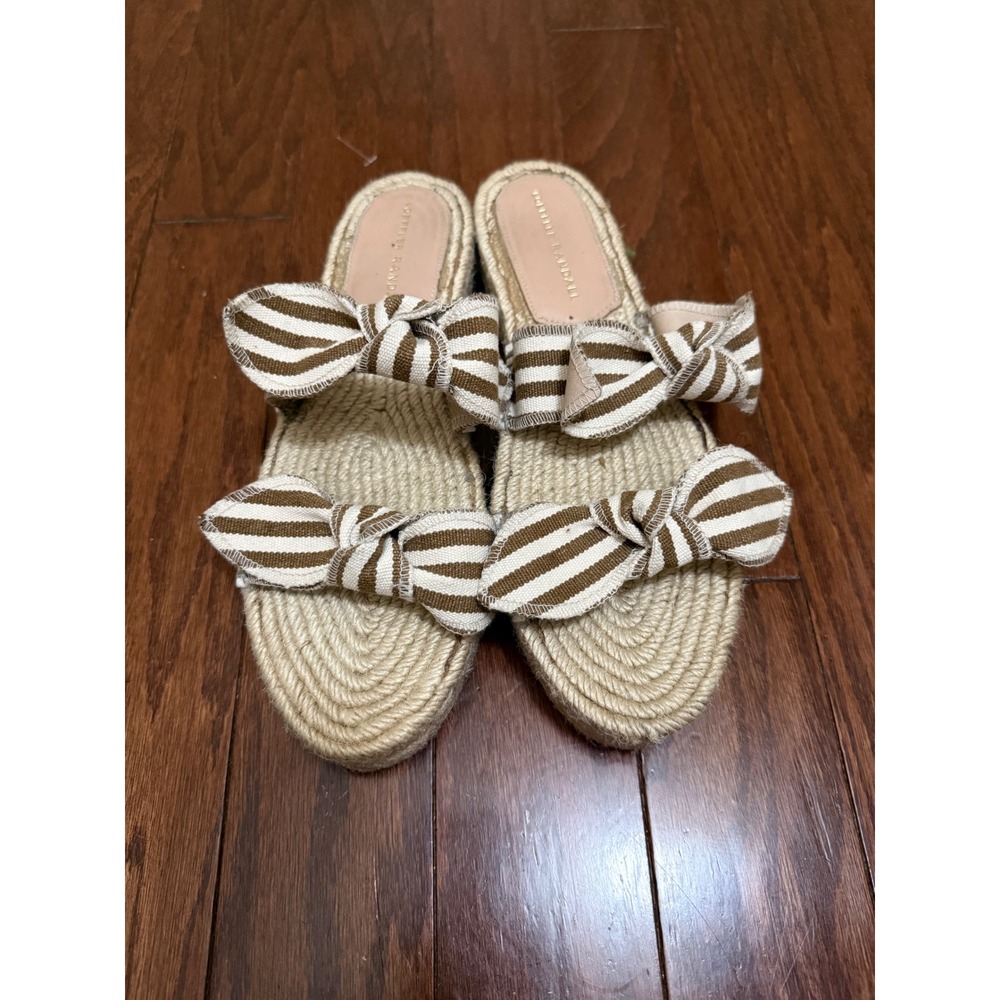 Loeffler Randall Striped Bow Espadrille Slide Sandals Brown Cream Size 40